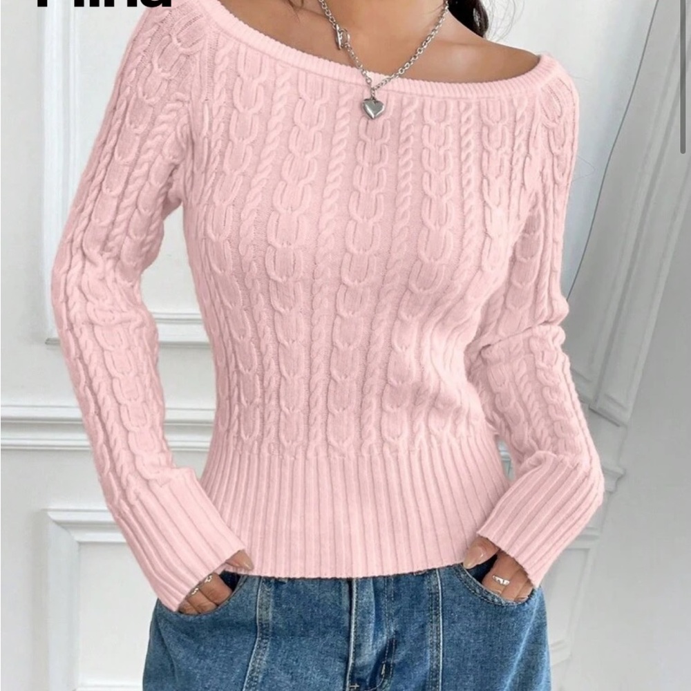 SHEIN Light Pink Off-Shoulder Cable Knit Sweater